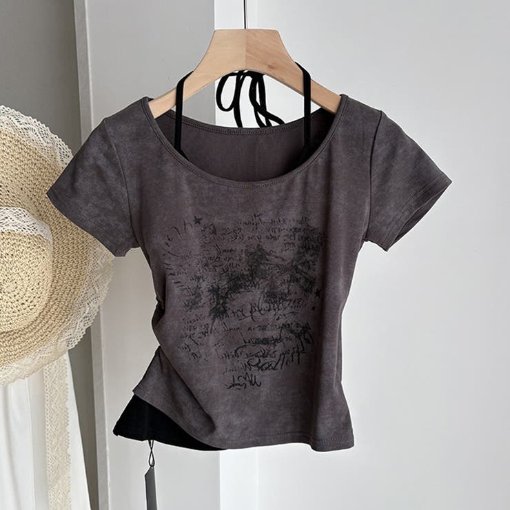 ダークグレー | 配色 フェイクレイヤード 半袖Tシャツ甘辛系ガールズ☆ | 17kg