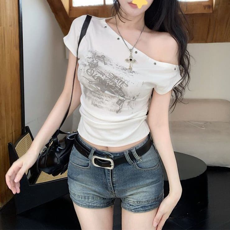 スタッズ付き オフショルダー 半袖Tシャツ甘辛系ガールズ☆ | 17kg | 詳細画像1 