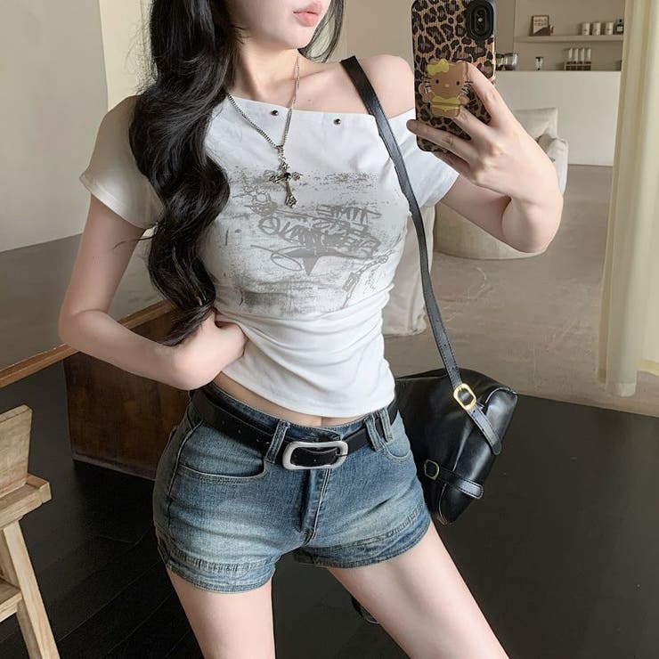 スタッズ付き オフショルダー 半袖Tシャツ甘辛系ガールズ☆ | 17kg | 詳細画像5 