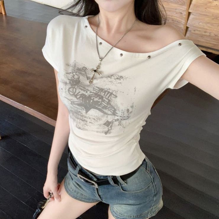 スタッズ付き オフショルダー 半袖Tシャツ甘辛系ガールズ☆ | 17kg | 詳細画像7 