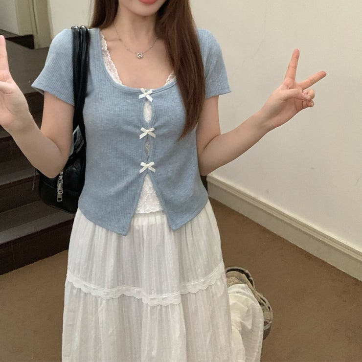 レース切替 フェイクレイヤード 半袖Tシャツゆるカワコーデ☆ | 17kg | 詳細画像17 