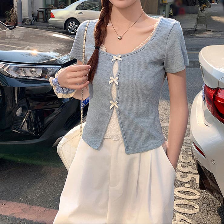 ブルー | レース切替 フェイクレイヤード 半袖Tシャツゆるカワコーデ☆ | 17kg