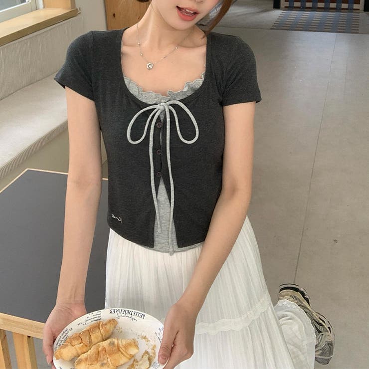 フェイクレイヤード リボン付き レース襟 半袖Tシャツゆるカワコーデ☆ | 17kg | 詳細画像1 