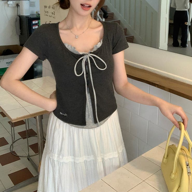フェイクレイヤード リボン付き レース襟 半袖Tシャツゆるカワコーデ☆ | 17kg | 詳細画像6 