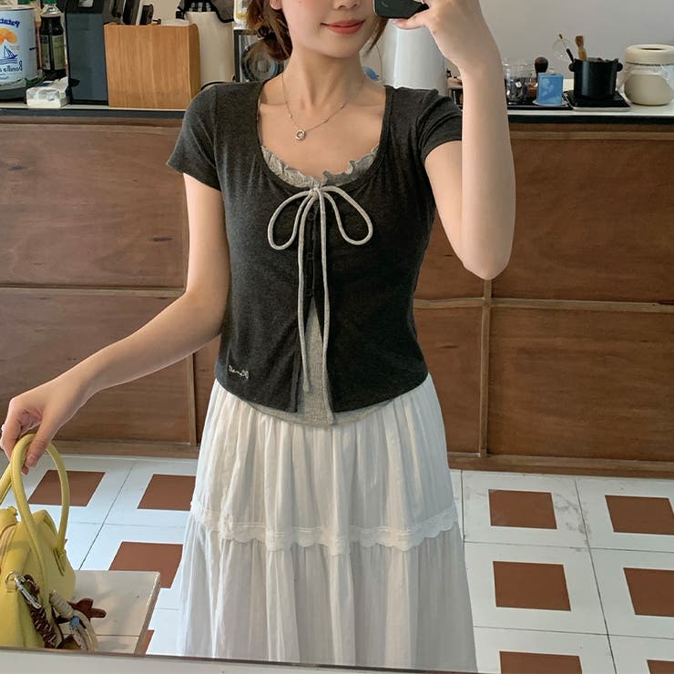 フェイクレイヤード リボン付き レース襟 半袖Tシャツゆるカワコーデ☆ | 17kg | 詳細画像7 
