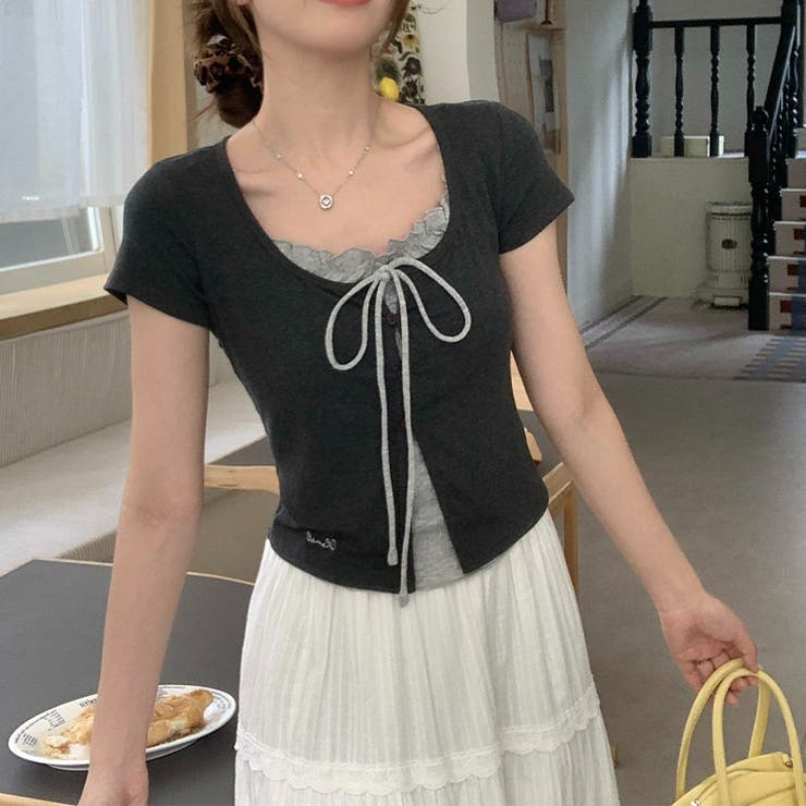 フェイクレイヤード リボン付き レース襟 半袖Tシャツゆるカワコーデ☆ | 17kg | 詳細画像4 