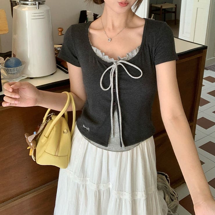 フェイクレイヤード リボン付き レース襟 半袖Tシャツゆるカワコーデ☆ | 17kg | 詳細画像5 