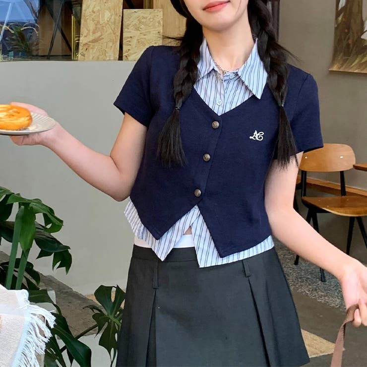 フェイクレイヤード ストライプシャツ Vネックトップスミレニアル学園風☆ | 17kg | 詳細画像1 