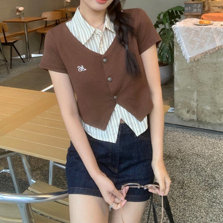 フェイクレイヤード ストライプシャツ Vネックトップスミレニアル学園風☆ | 17kg | 詳細画像2 