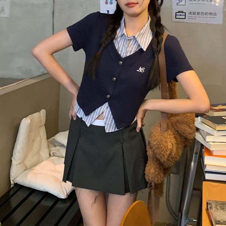 フェイクレイヤード ストライプシャツ Vネックトップスミレニアル学園風☆ | 17kg | 詳細画像13 