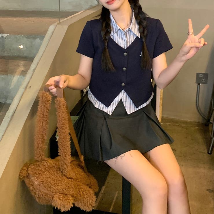 フェイクレイヤード ストライプシャツ Vネックトップスミレニアル学園風☆ | 17kg | 詳細画像14 