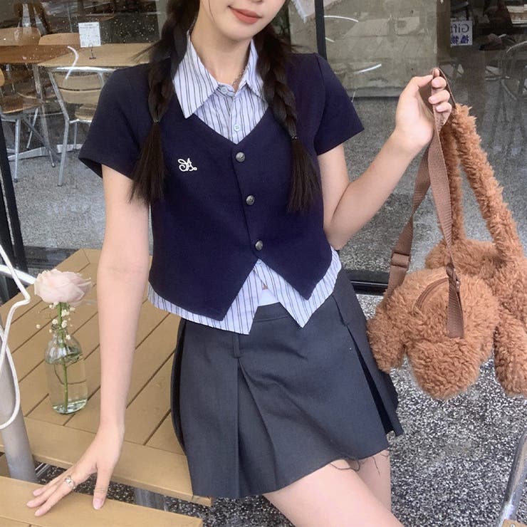 ネービー | フェイクレイヤード ストライプシャツ Vネックトップスミレニアル学園風☆ | 17kg