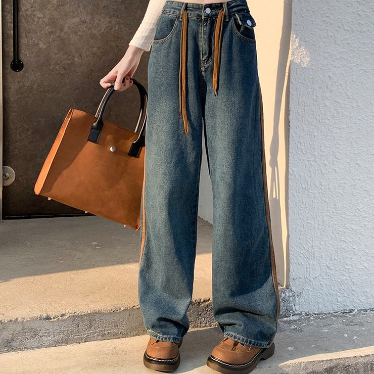 SHOPLIST限定】韓国風引き紐付きルーズストレートデニムパンツ