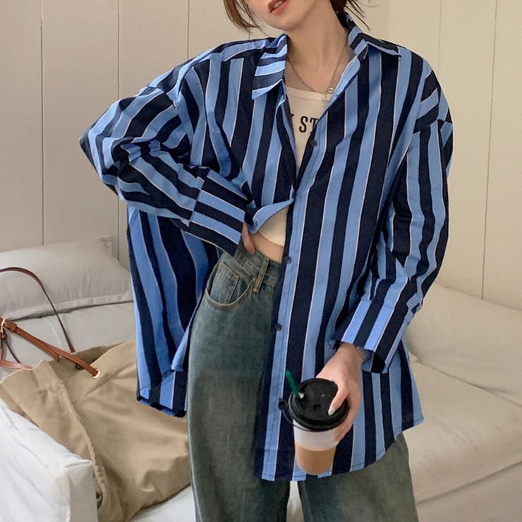 綺麗め ストライプ オープンカラーシャツ ルーズシルエット SINSS シャツ Loose silhouette striped shirt / ルーズ