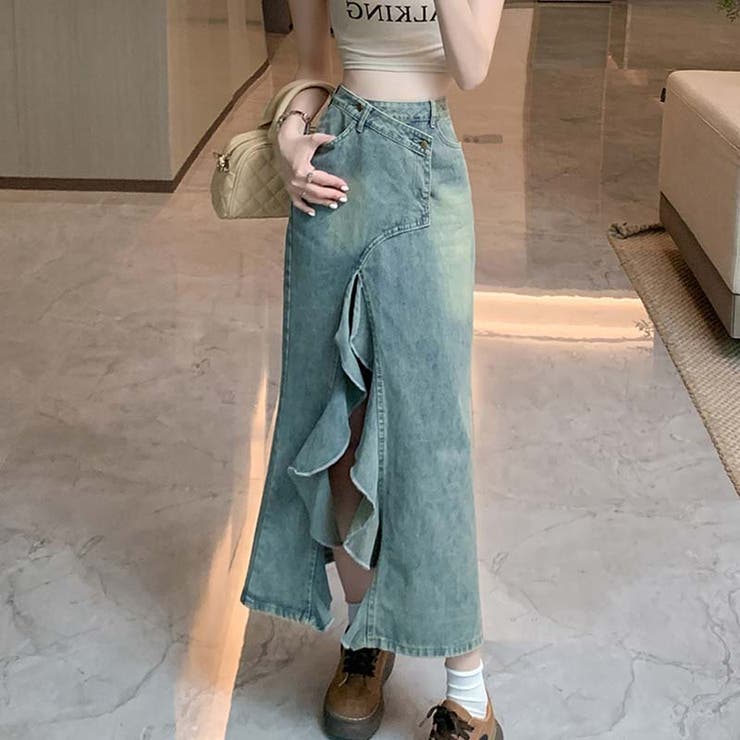 【SHOPLIST限定】体のラインを引き立て。スリット入りデニムスカート | 17kg | 詳細画像4 