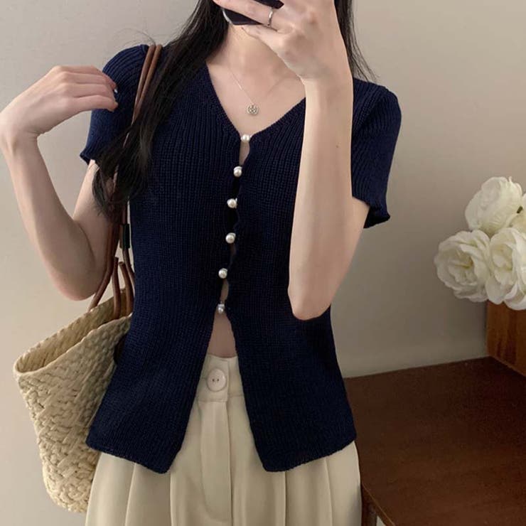 ほのかなセクシーさと安心感！デザイン感たっぷりのパールボタン付きVネック半袖ニッ… | 17kg | 詳細画像5 