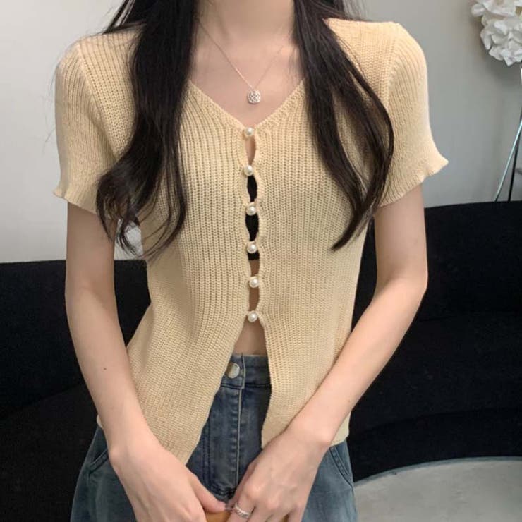 ほのかなセクシーさと安心感！デザイン感たっぷりのパールボタン付きVネック半袖ニッ… | 17kg | 詳細画像7 