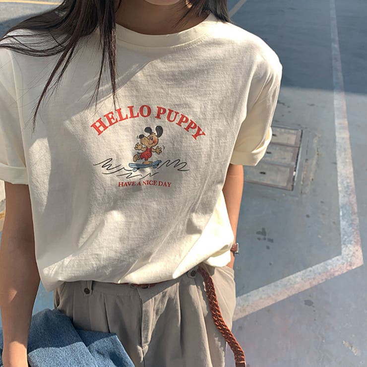 ミレニアル学園風 ゆるカワコーデ☆シンプル韓国風 犬プリント 半袖Tシャツ | 17kg | 詳細画像1 