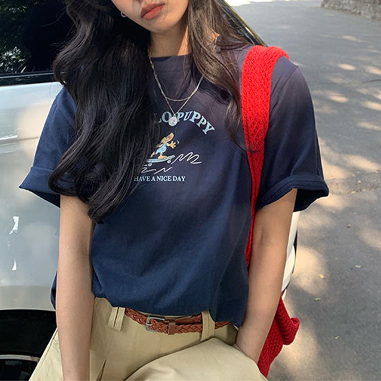 ミレニアル学園風 ゆるカワコーデ☆シンプル韓国風 犬プリント 半袖Tシャツ | 17kg | 詳細画像4 