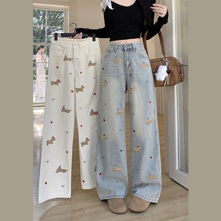 ミレニアル学園風 ゆるカワコーデ インスタ映え子犬刺繍ストレートワイドデニムパン… | 17kg | 詳細画像1 