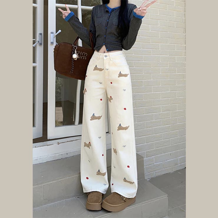 ミレニアル学園風 ゆるカワコーデ インスタ映え子犬刺繍ストレートワイドデニムパン… | 17kg | 詳細画像3 
