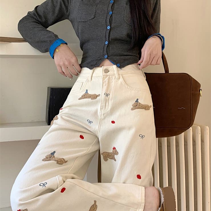 ミレニアル学園風 ゆるカワコーデ インスタ映え子犬刺繍ストレートワイドデニムパン… | 17kg | 詳細画像5 