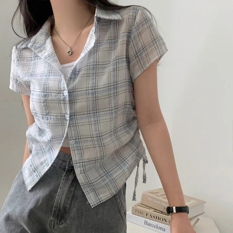 ゆるカワコーデ☆夏用 裾ギャザー ウエストマーク 細見え 格子柄ショートシャツ | 17kg | 詳細画像1 