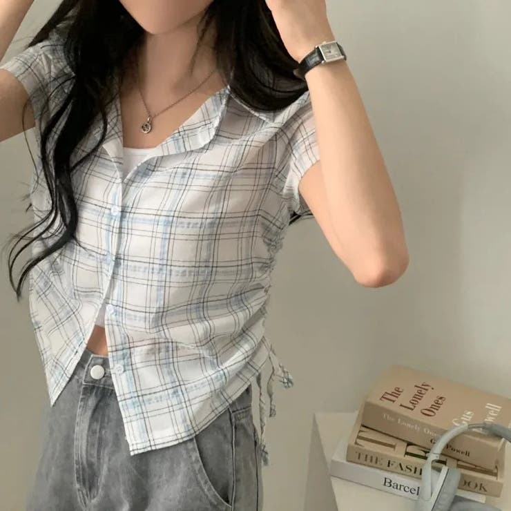 ゆるカワコーデ☆夏用 裾ギャザー ウエストマーク 細見え 格子柄ショートシャツ | 17kg | 詳細画像2 