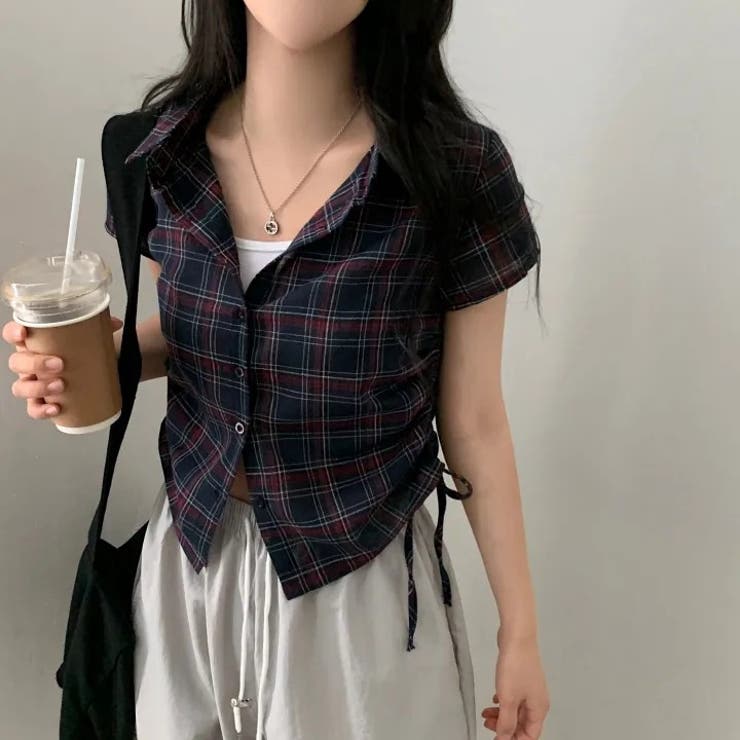 ゆるカワコーデ☆夏用 裾ギャザー ウエストマーク 細見え 格子柄ショートシャツ | 17kg | 詳細画像3 