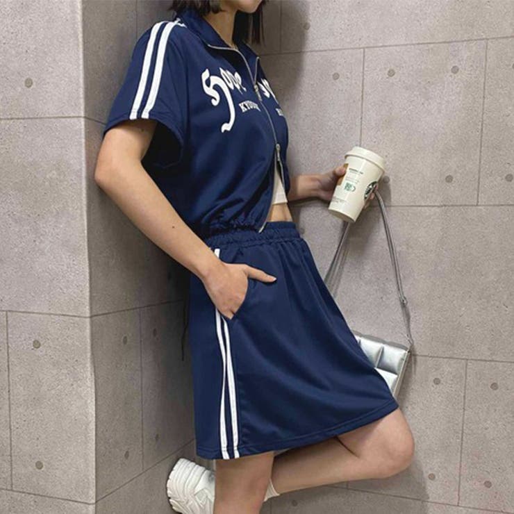ゆるカワコーデ☆夏痩せ見えスポーツ風 セットブルー半袖[品番