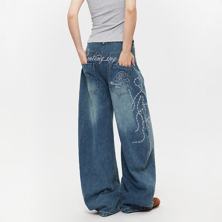 ゆるカワコーデ☆ウォッシュ加工 刺繍ワイドジーンズ | 17kg | 詳細画像7 