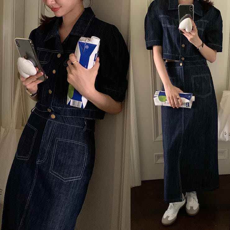 ゆるカワコーデ☆ビンテージ風 デニムジャケット+スカートセット