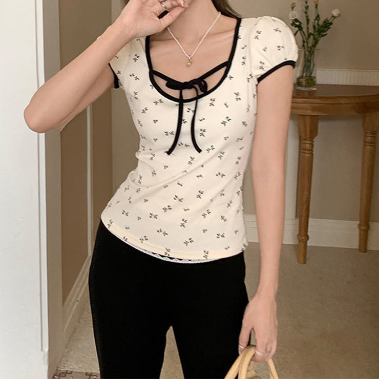 ゆるカワコーデ☆Uネックリボン小花柄半袖Tシャツ | 17kg | 詳細画像4 