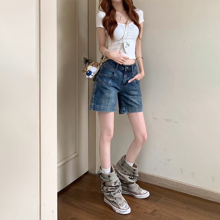 ゆるカワコーデ ヴィンテージ風ガーリーデニムハーフパンツストレートゆったりショー… | 17kg | 詳細画像4 