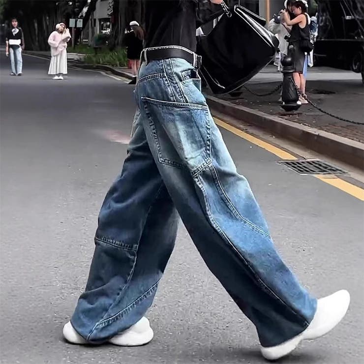 ゆるカワコーデ ハイウエストタックワイドデニムパンツ
