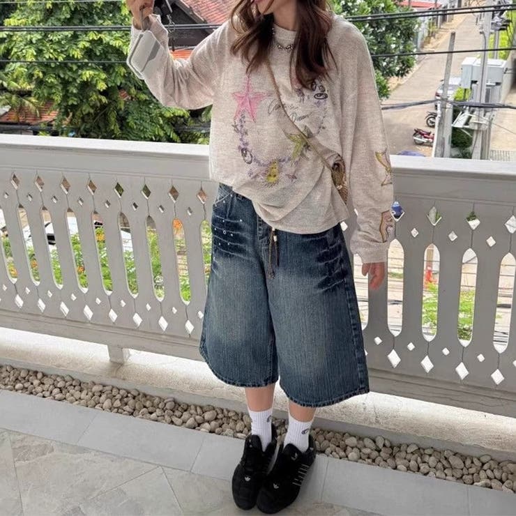 ゆるカワコーデ デザインジルコニア付きデニム七分丈パンツ 夏用