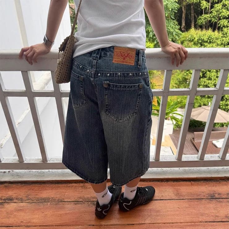 ゆるカワコーデ デザインジルコニア付きデニム七分丈パンツ 夏用