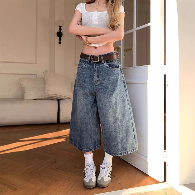 ゆるカワコーデ☆ヴィンテージ風 七分丈デニムパンツ 格子ポケット付きストレート | 17kg | 詳細画像2 