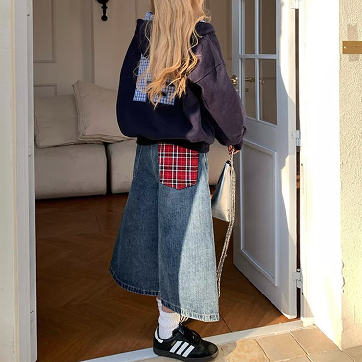 ゆるカワコーデ☆ヴィンテージ風 七分丈デニムパンツ 格子ポケット付きストレート | 17kg | 詳細画像6 