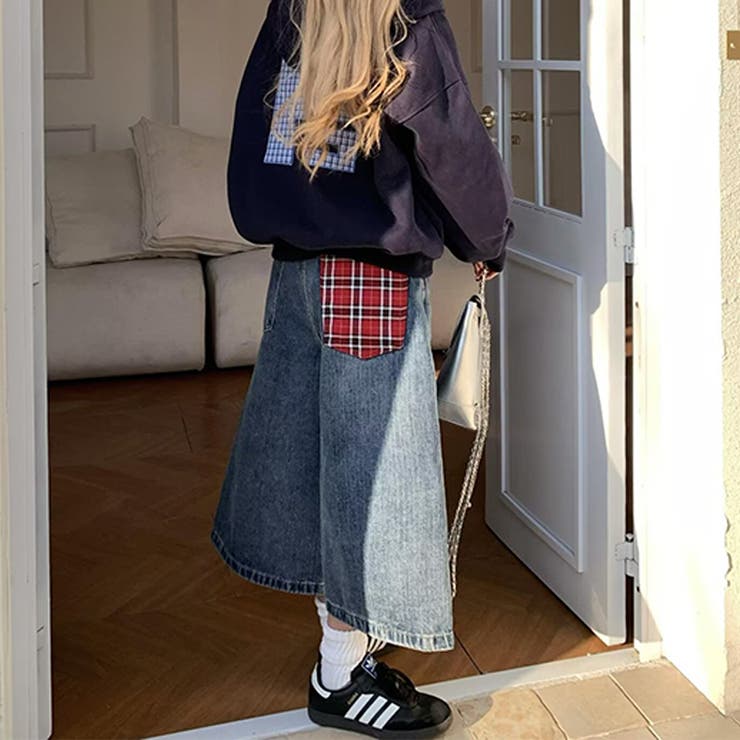 ゆるカワコーデ☆ヴィンテージ風 七分丈デニムパンツ 格子ポケット付きストレート | 17kg | 詳細画像8 