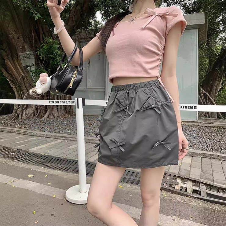 ゆるカワコーデ☆カーゴミニスカート リボン付き バルーンシルエット Aライン | 17kg | 詳細画像4 