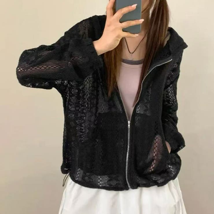 ブラック | クロシェ編み 透かし編み ゆったり ジップ ニットパーカーゆるカワコーデ☆ | 17kg