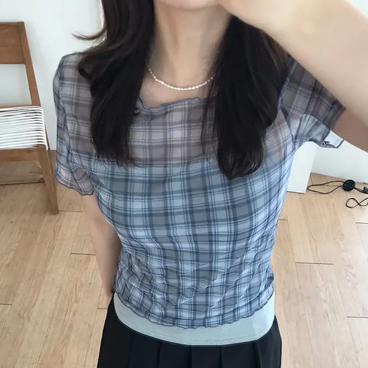 レトロ チェック チュールプリント 半袖 ロールアップTシャツ甘辛系ガールズ☆ | 17kg | 詳細画像13 