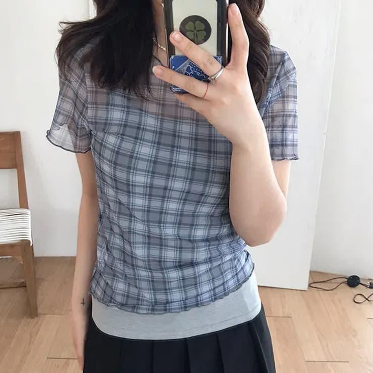 レトロ チェック チュールプリント 半袖 ロールアップTシャツ甘辛系ガールズ☆ | 17kg | 詳細画像15 