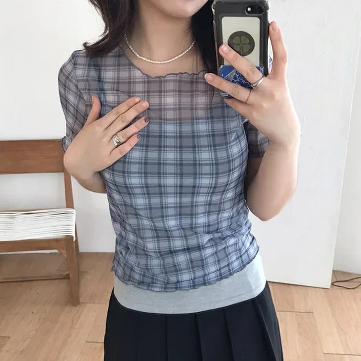 レトロ チェック チュールプリント 半袖 ロールアップTシャツ甘辛系ガールズ☆ | 17kg | 詳細画像16 