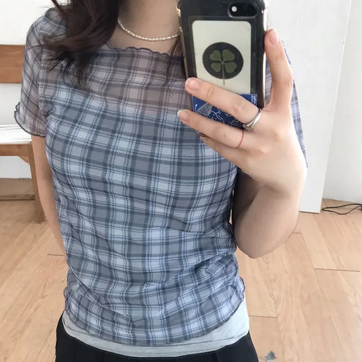 レトロ チェック チュールプリント 半袖 ロールアップTシャツ甘辛系ガールズ☆ | 17kg | 詳細画像4 