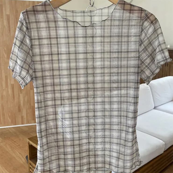 ベージュ | レトロ チェック チュールプリント 半袖 ロールアップTシャツ甘辛系ガールズ☆ | 17kg
