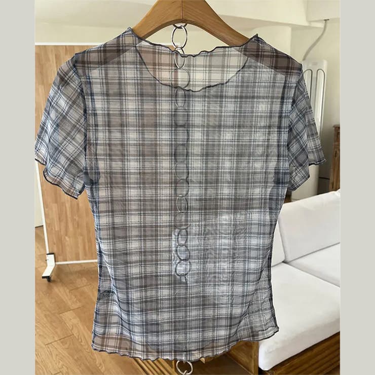 グレー | レトロ チェック チュールプリント 半袖 ロールアップTシャツ甘辛系ガールズ☆ | 17kg