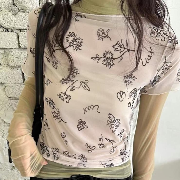 ベージュ | 落書き 手描き花柄 可愛い ポッププリント 半袖Tシャツゆるカワコーデ☆ | 17kg