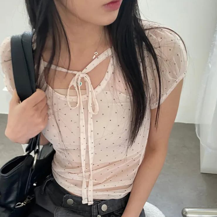 ドット柄 チュール 半袖 ホルターネック リボン付き Tシャツゆるカワコーデ☆ | 17kg | 詳細画像2 